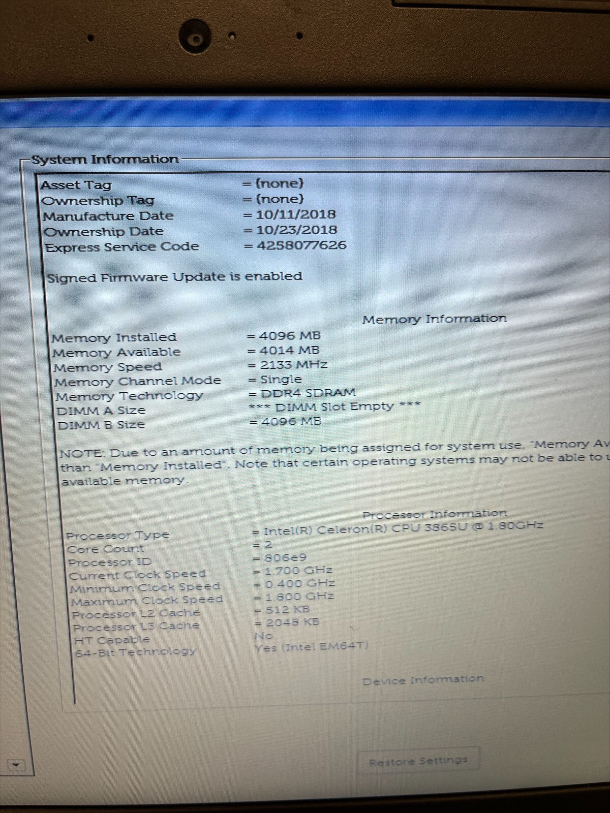 DELL LATITUDE 3490 14 in Intel Celuron – 8250U 1.80GHz 4GB RAM 500GB HDD