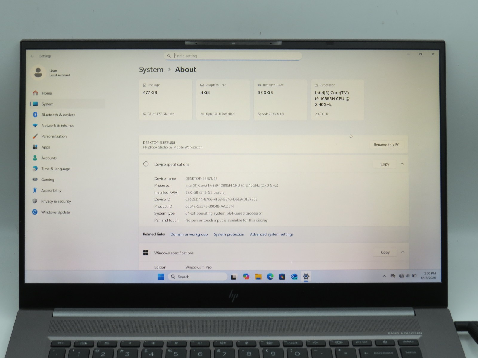 HP ZBook Studio G7 | 15.6″ | i9-10885H | 32 GB | 512GB NVME | T2000 | Win11 Pro
