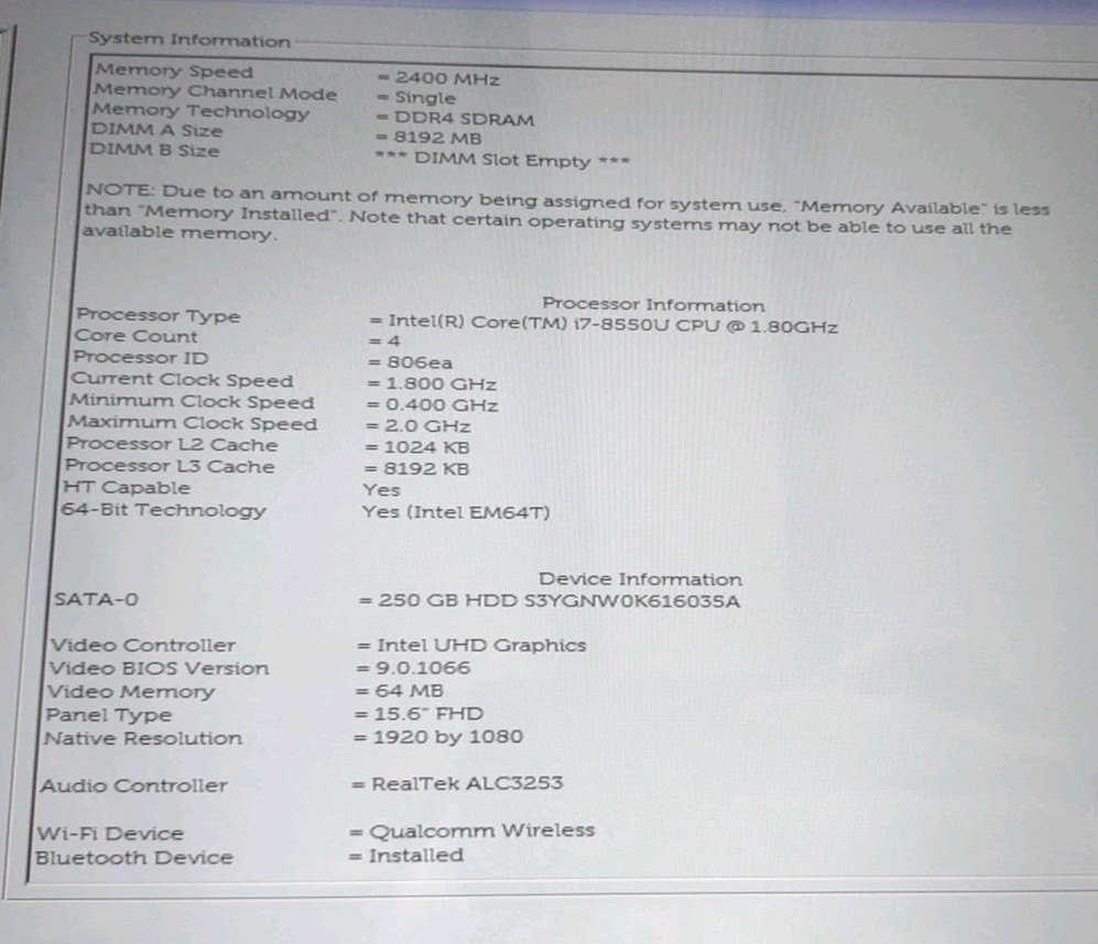 DELL INSPIRON 15 5579 2N1 TOUCH W/ i7-8550U 1.8GHz, 8GB RAM, 250GB HDD