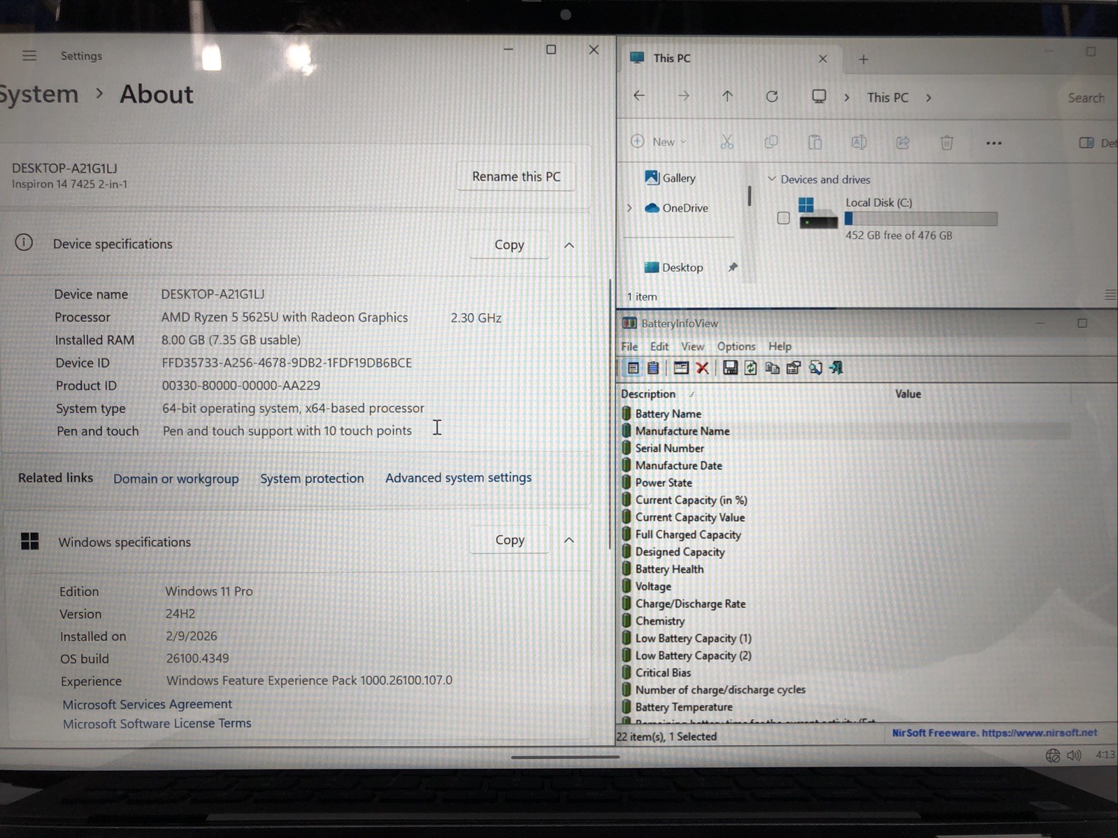 Dell Inspiron 14 7425, AMD Ryzen 5 5625U @2.30Ghz, 8GB RAM, 512GB SSD, W11Pro
