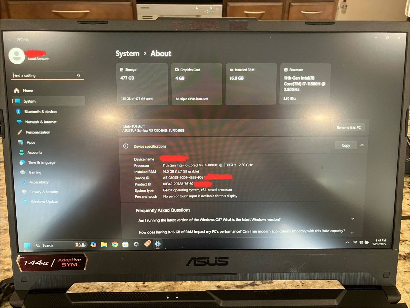 ASUS TUF Gaming F15 Laptop, 15.6″ 144Hz FHD IPS-Type Display, Intel Core i7-1180