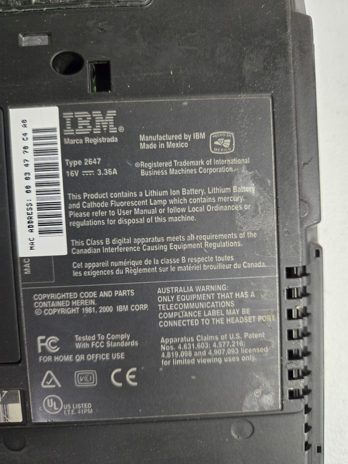 IBM Thinkpad Intel Pentium Type 2647 W / Power Cord Parts Or Repair Only