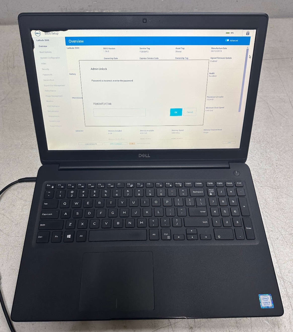Dell Latitude 3500 15.6 FHD (i5-8265U @1.60, 8GB RAM, Bios Locked) NO HD/ADAPTER
