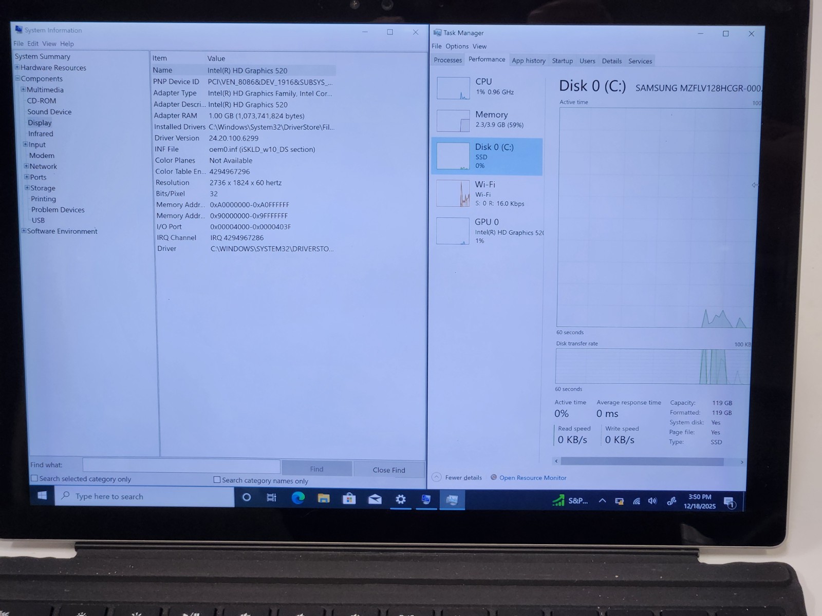 Microsoft Surface Pro 4 1724 12.3″ i5-6300U 4GB 128GB Win 10 w/ Keyboard 174 cyc