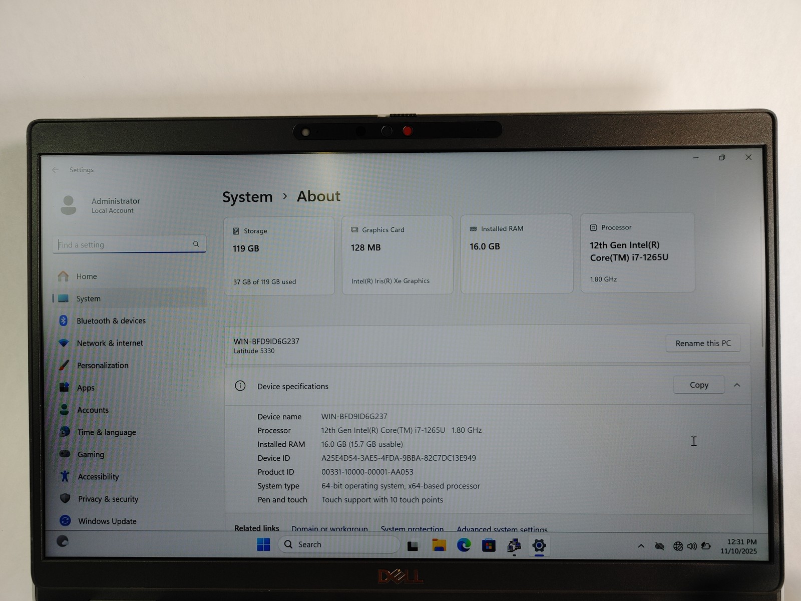 Dell Latitude 5330 Core i7-1265U 1.80 GHz 16 GB 128 GB NVMe Windows 11 Pro