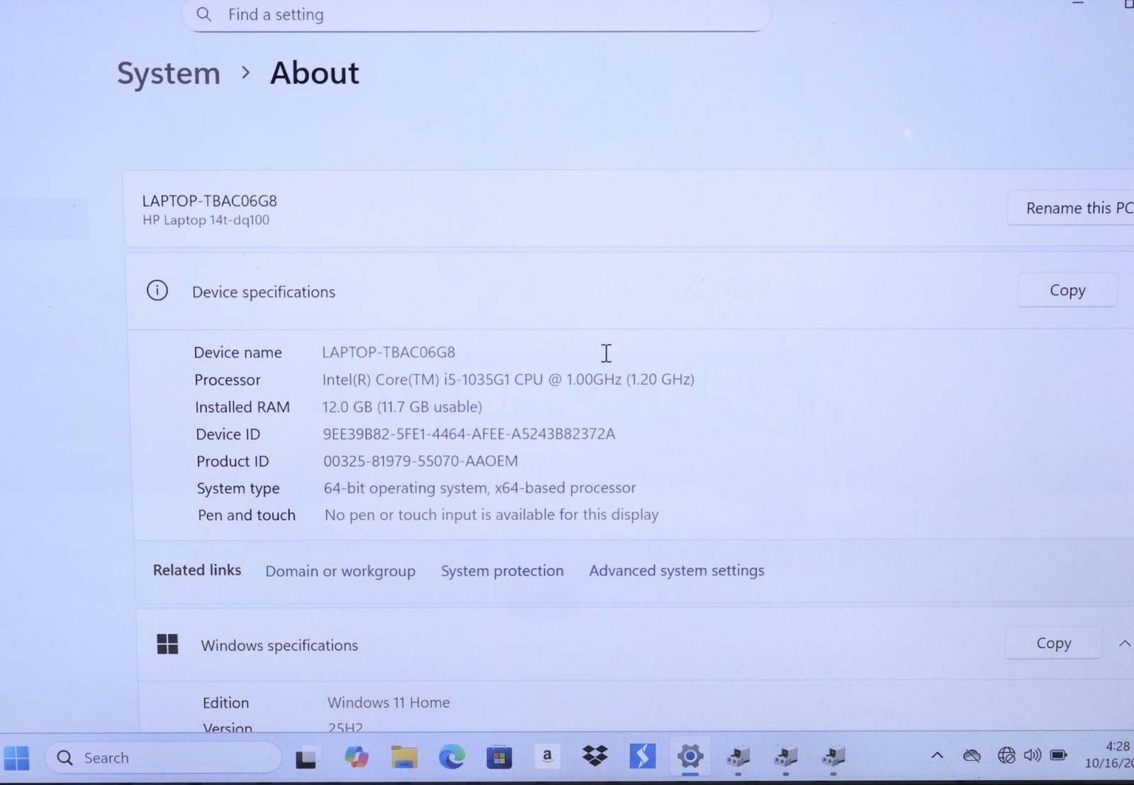 HP 14t-dq100 Core i5-1035G1 1.0GHz 12GB 256GB 14″ W11H 7AX28AV