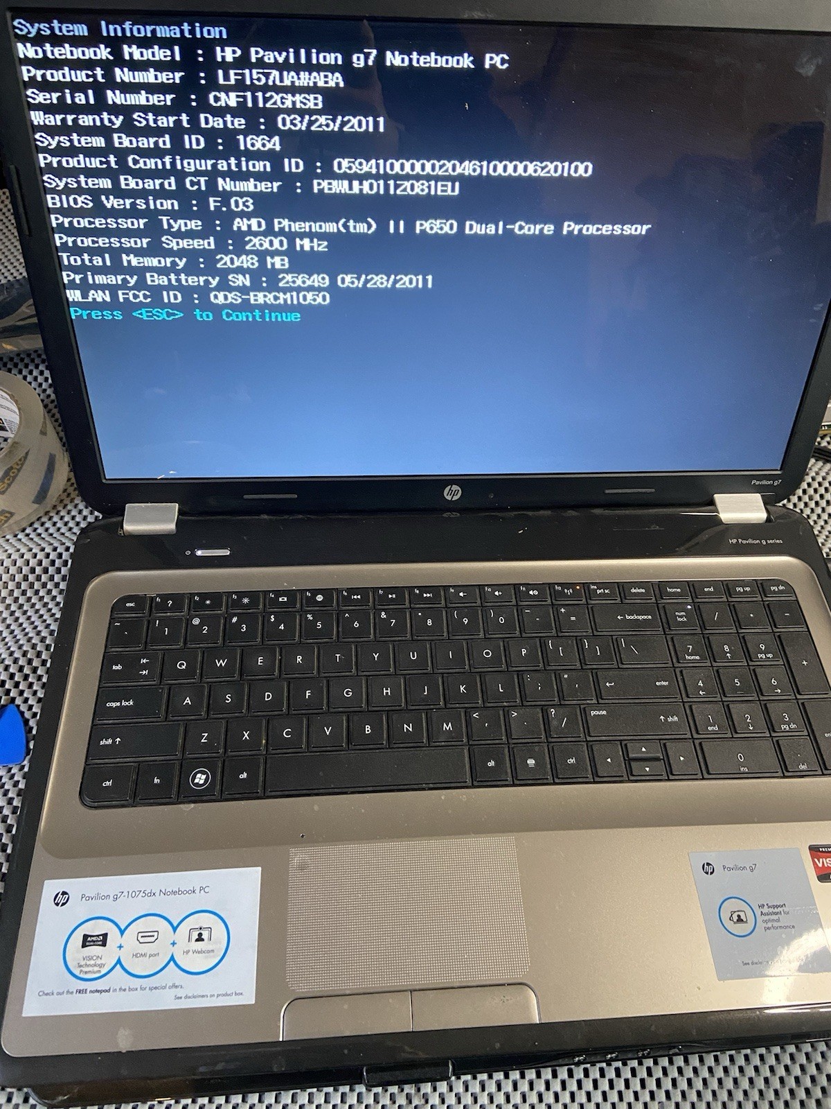 HP PAVILION G7 1075DX NOTEBOOK PC- AMD Phenom II – WINDOWS 10 PRO