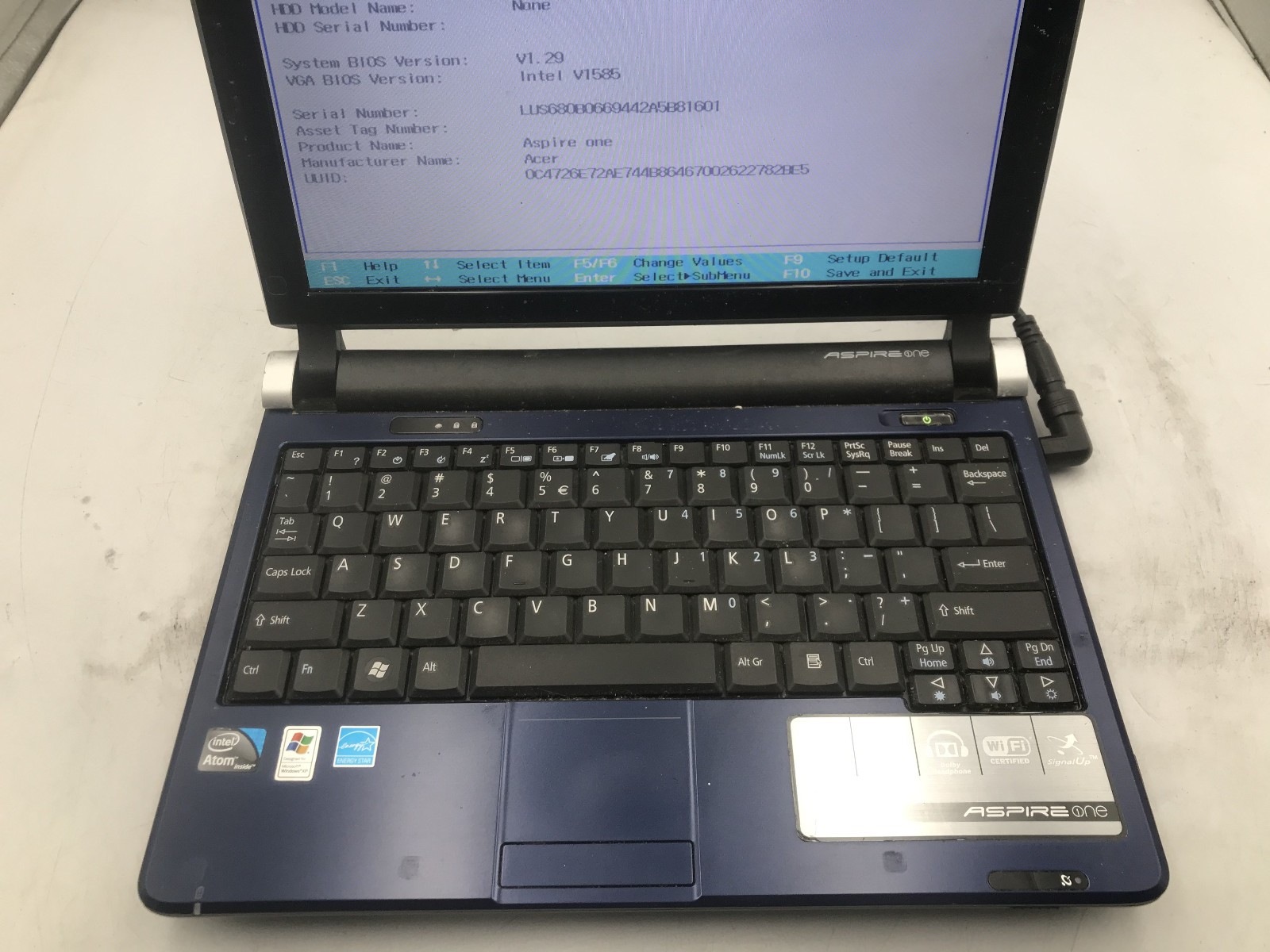ACER ASPIRE ONE KAV60 – BOOTS TO BIOS – INTEL ATOM A270 – NO RAM – READ DESC -BB