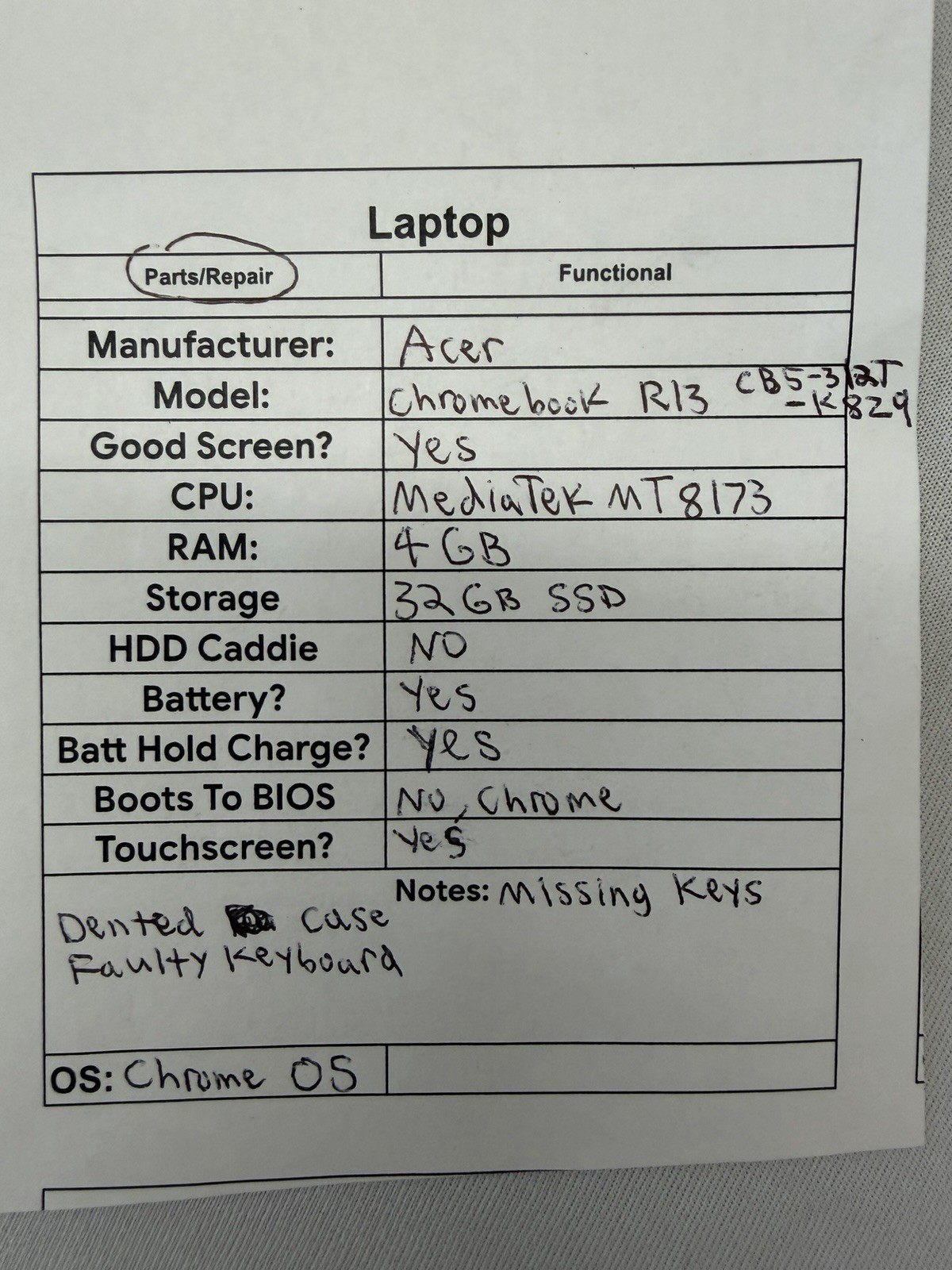 Acer Chromebook R13 CB5-312T-K829 Laptop – Good Screen-MediaTek MT8173-Read Des