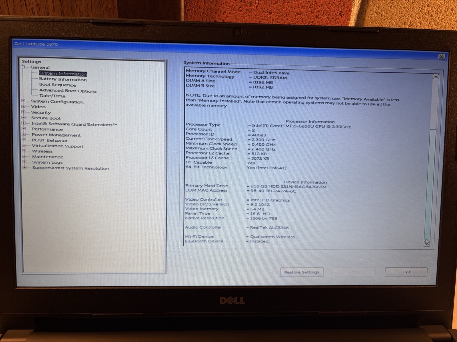DELL LATITUDE 3570 15.6” HD INTEL i5-6200U 16GB RAM 250GB SSD WINDOWS 11 PRO