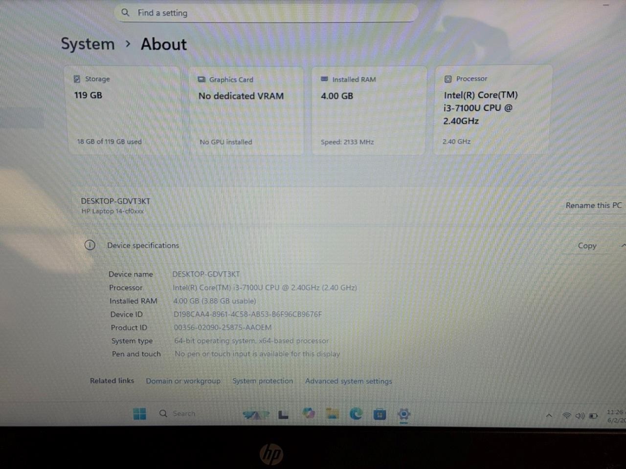 HP Laptop 14-cf0xxx 4GB RAM, i3-7100U, 2.40GHz, 128GB SSD Windows 11