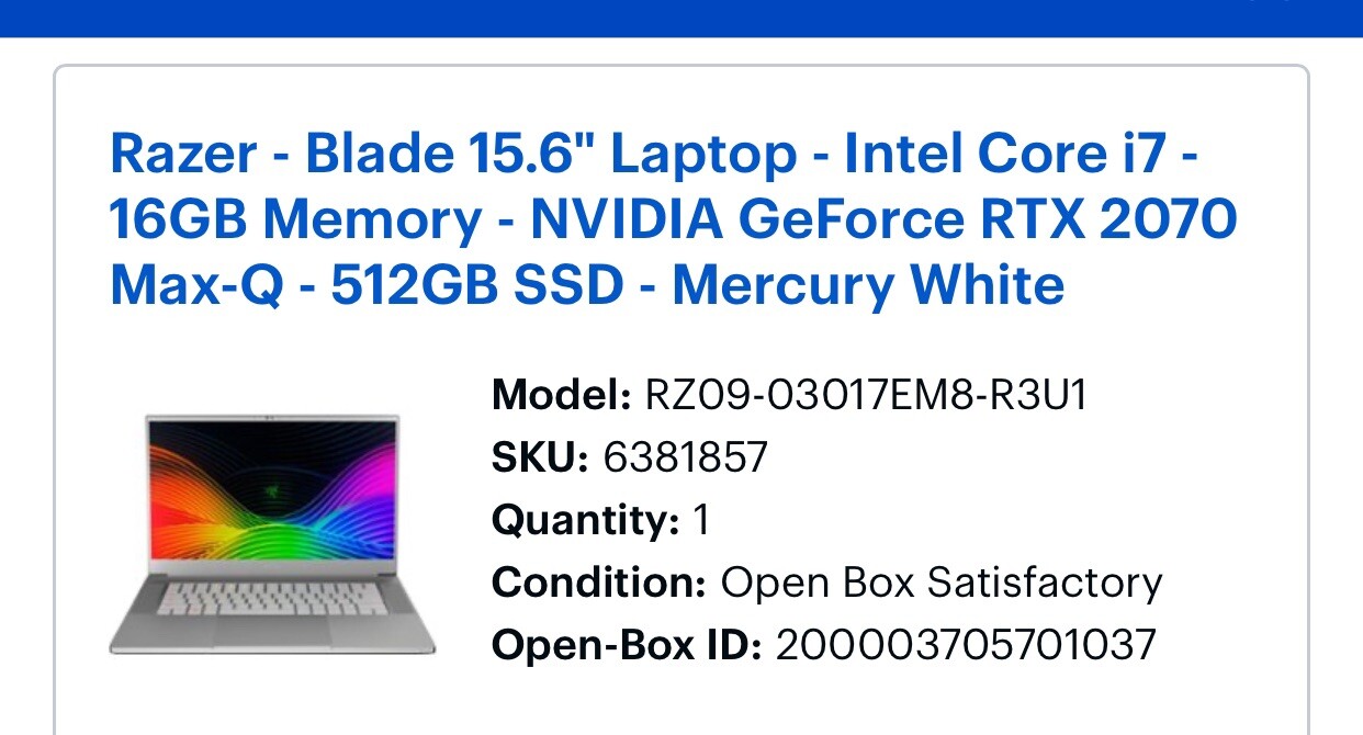 Razer Blade 15” Advanced – i7-9750H – 16GB RAM – NVIDIA GeForce RTX 2070 Max-Q