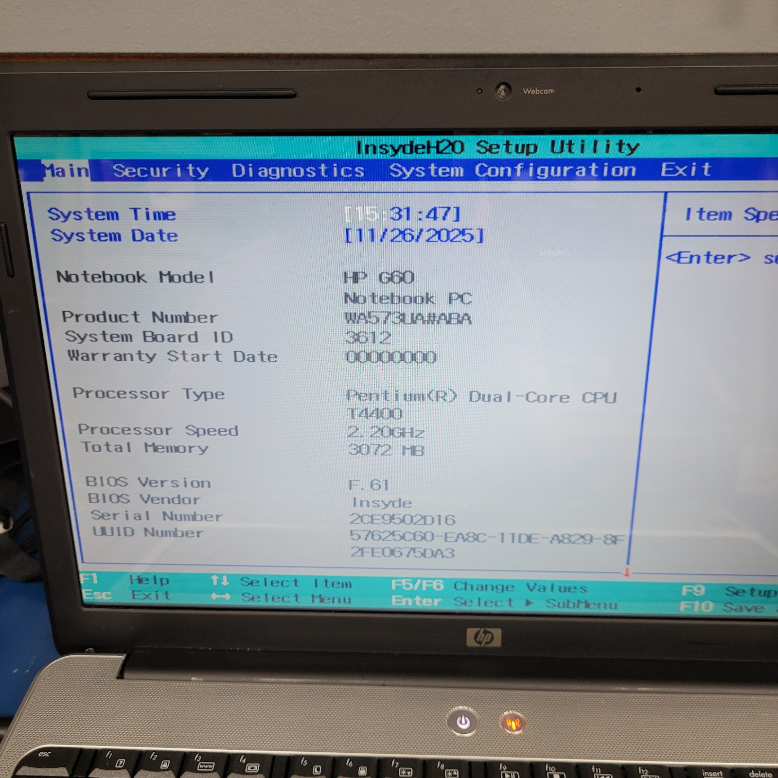 HP Pavilion G60-508us / Intel Pentium T4400 / 3 GB RAM / NO HDD