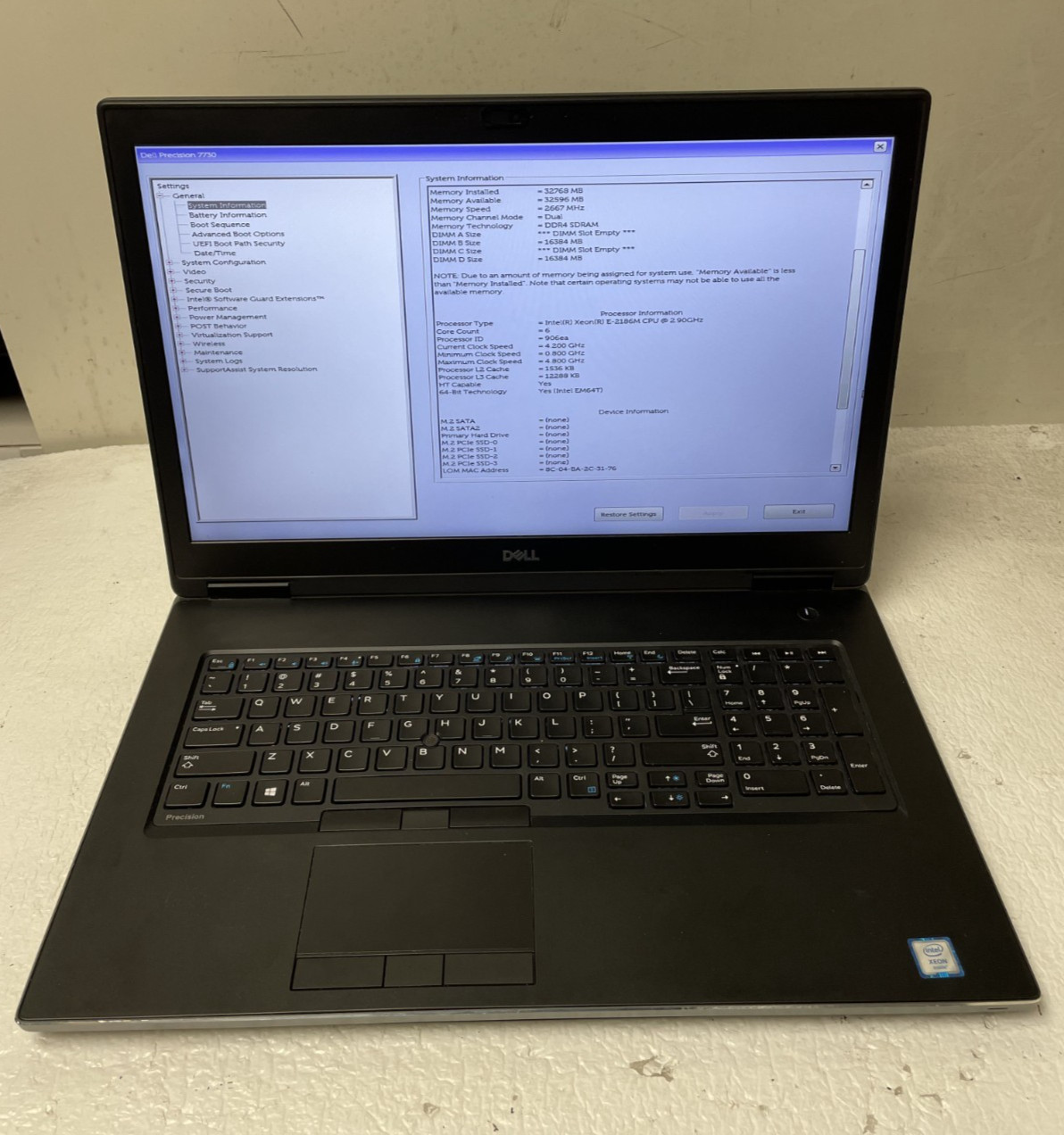 Dell Precision 7730 17.3” Xeon E-2186M @2.90GHz 32GB RAM NO SSD Parts *READ