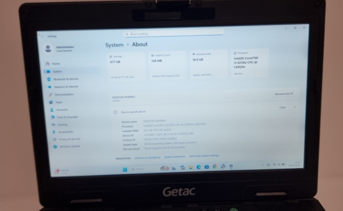 GETAC S410 G2 RUGGED LAPTOP 14″ TOUCH i5-6200U 16GB HDMI GPS Rs232 2 X BATTERIES