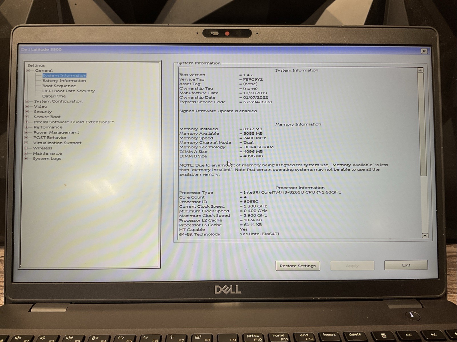 Dell Latitude 5500 / Intel Core i5 8th Gen / 8GB RAM / BIOS Unlocked / C5