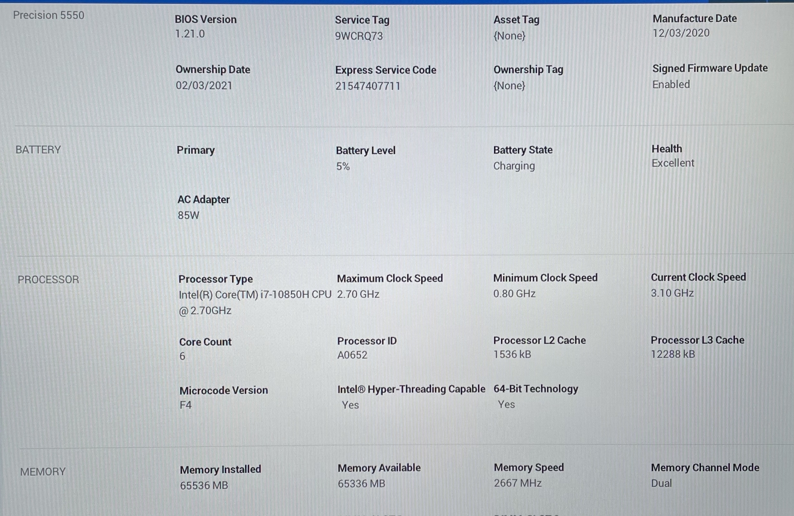 Dell Precision 5550 i7-10850H 2.70GHz 15″ 64GB RAM 256GB SSD–GRADE D
