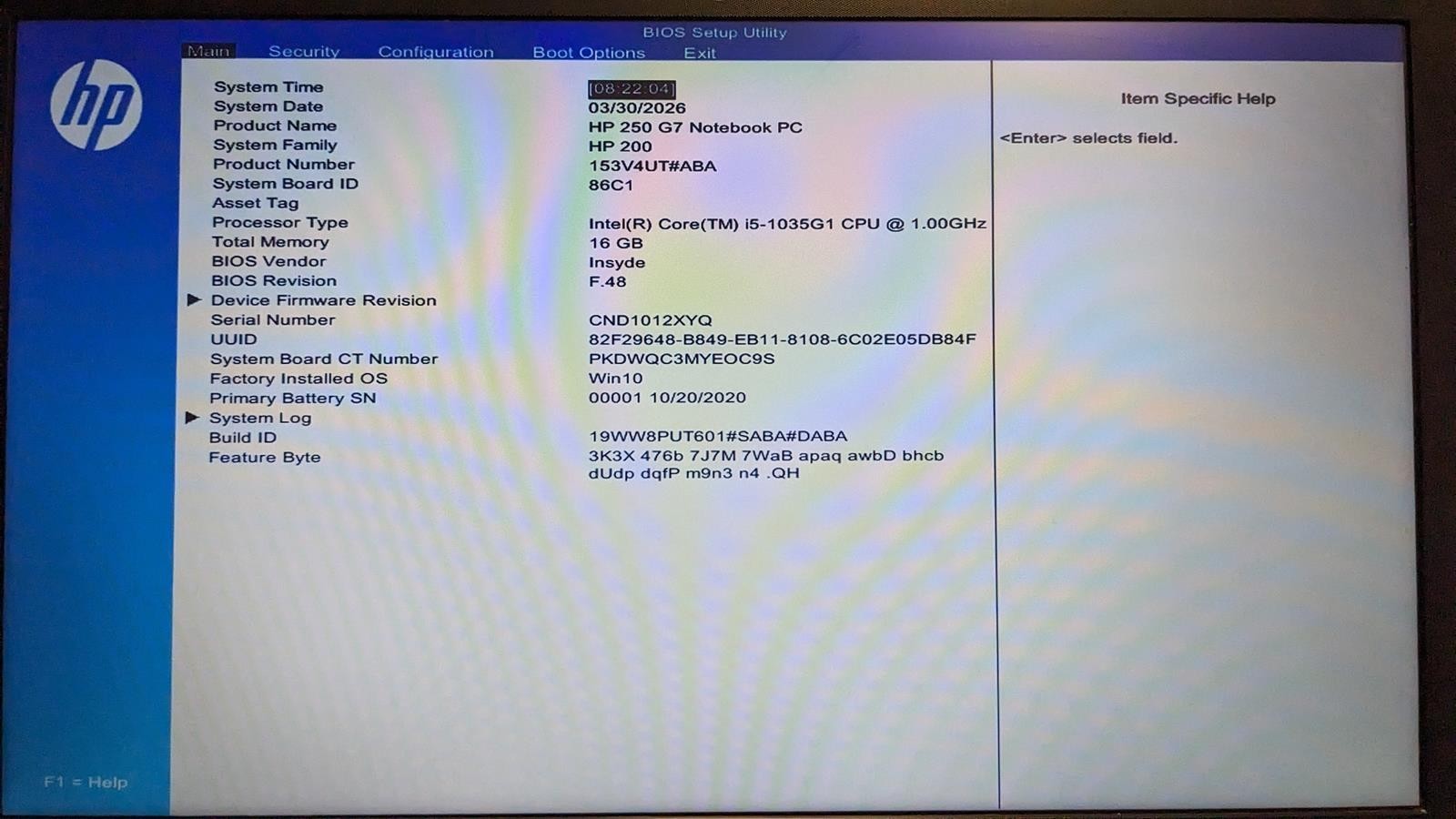 HP 250 G7 i5-1035G1 @ 1.00GHz, 16GB RAM, NO HDD/OS