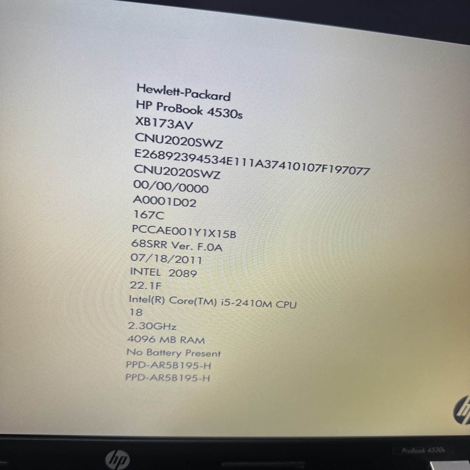 Hp Probook 4530s 15″ Laptop i5-2410m 4gb Ram No Drives No Battery Powers On
