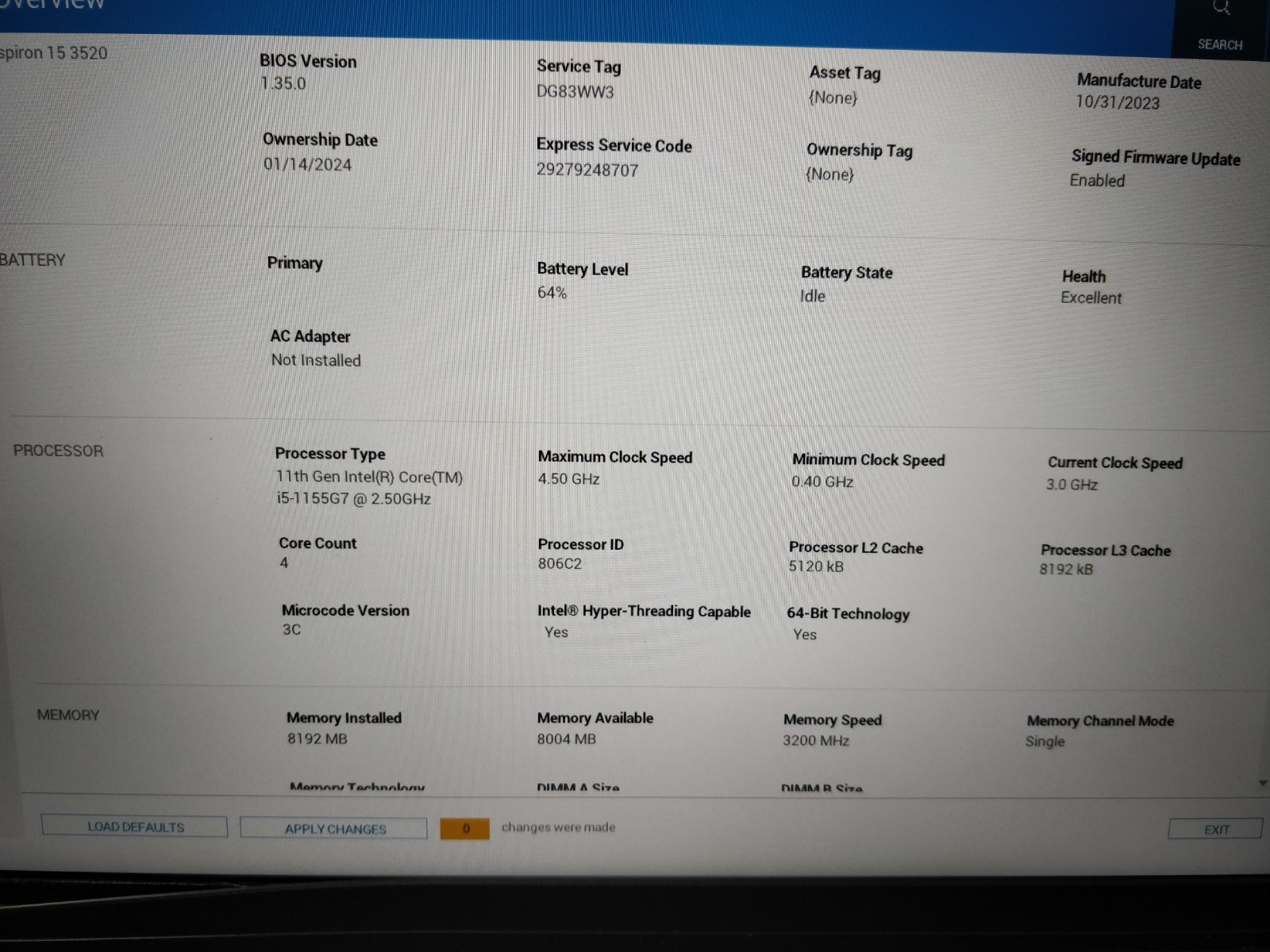 Dell Inspiron 15 3520 INTEL CORE I5-1155G7@2.40GHz 8GB RAM NO DRIVE PARTS 8978
