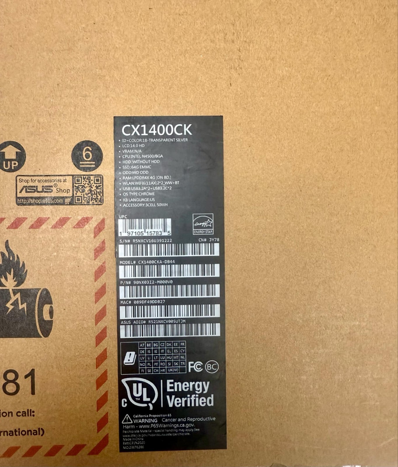 Asus Chromebook CX1 14″ Celeron N3350 4GB 64GB eMMC Chrome OS CX1400CNA-DS44
