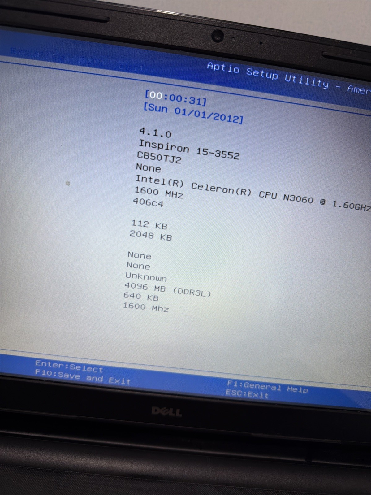 Dell Inspiron 15-3552 Laptop Celeron N3060 4gb Ram No Drives Boots Bios /Beeping