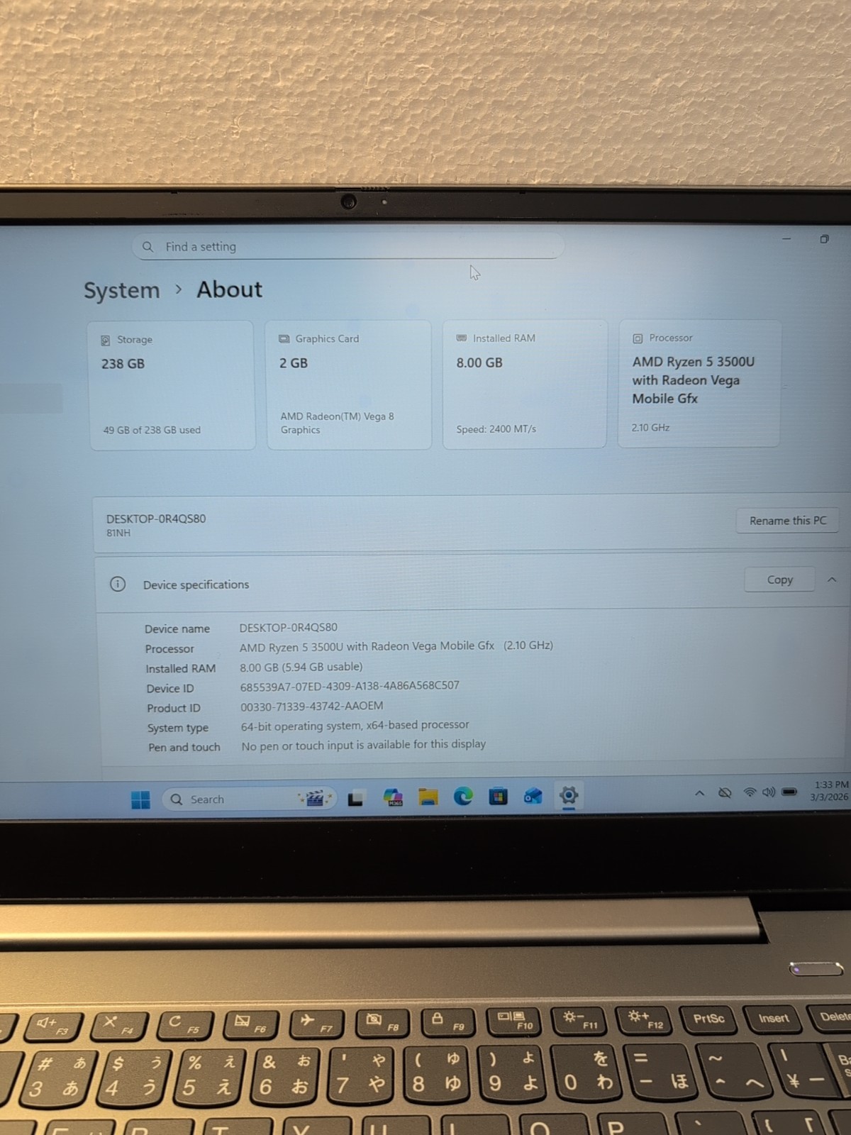 GRADE A) Lenovo IdeaPad S540-14API 14″ LAPTOP RYZEN 5 3500U/8GB/256GB SSD/Win11-