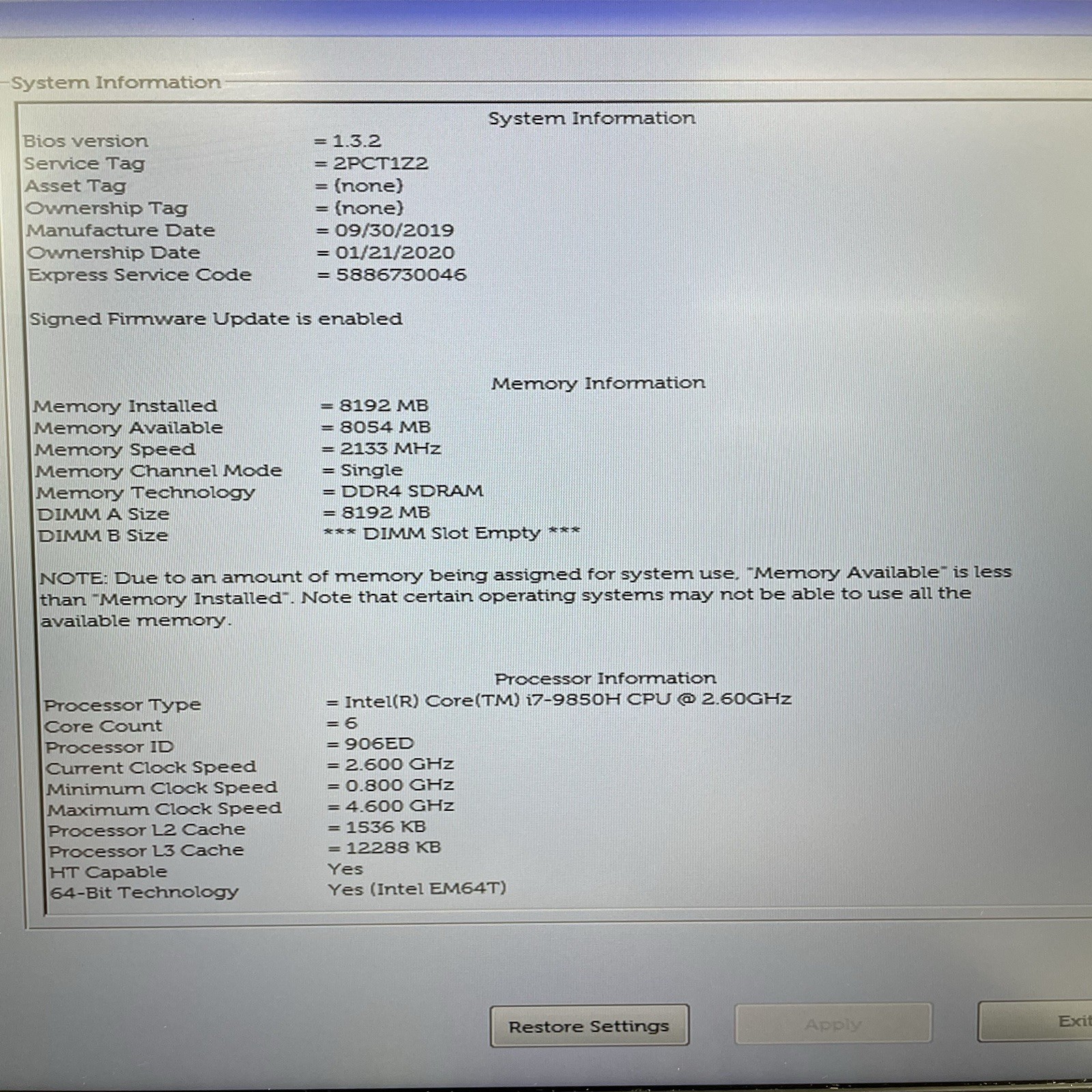 Dell Latitude 5410 15.6″ i7-9850H 2.60 GHz 8 GB RAM No SSD/OS/AC