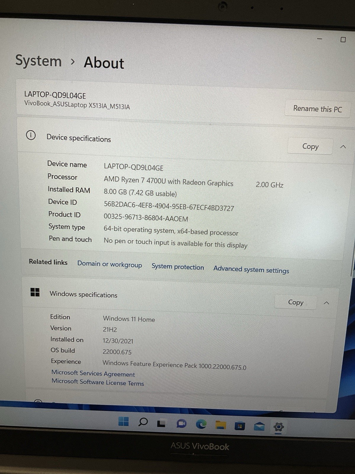 ASUS Vivobook M513IA-DB74 15.6″ AMD Ryzen 7 4700U @2.00GHz 8GB RAM DDR4 1TB SSD