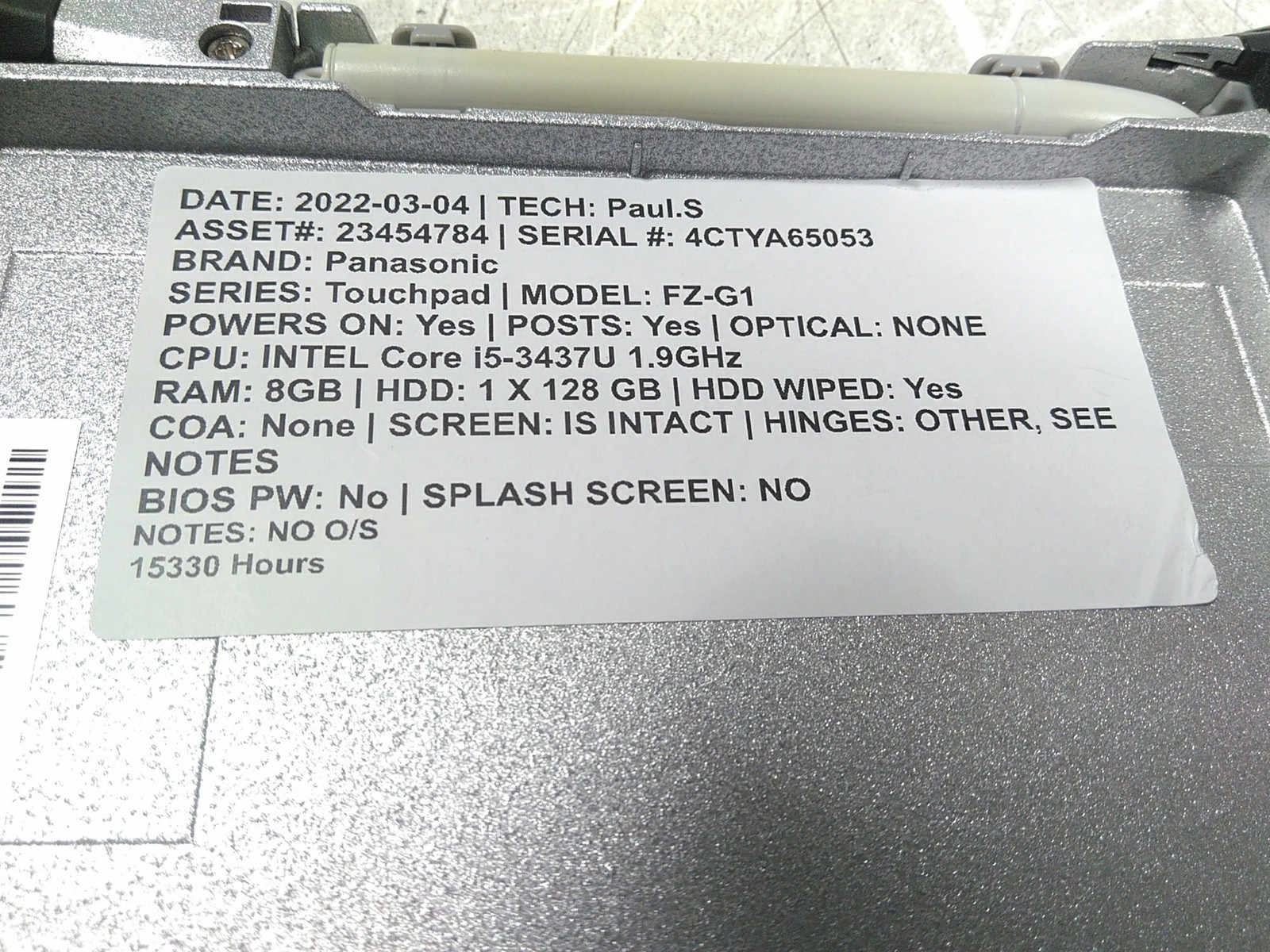 Panasonic ToughPad FZ-G1AAHGFLM Core i5-3437U 1.9GHz 8GB 128GB No Battery No PSU