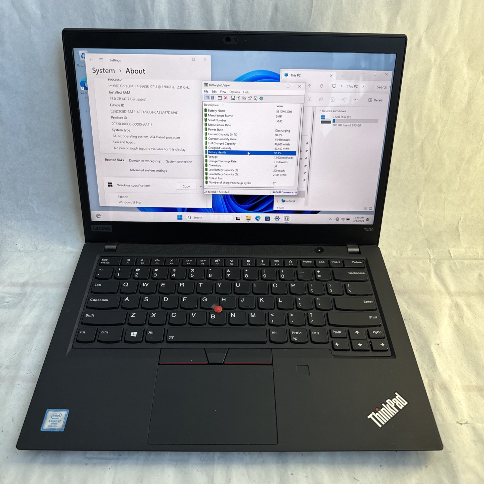 Lenovo ThinkPad T490 Intel Core i7-8565u @1.9GHz 48GB RAM 1TB SSD Win 11 Pro