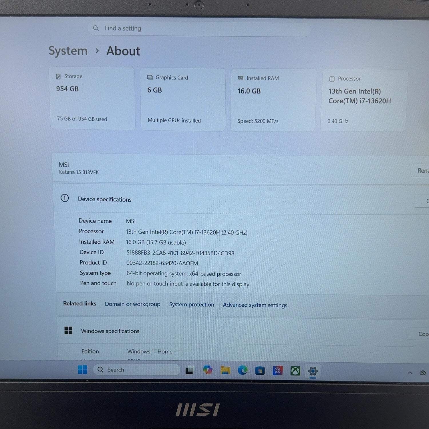 MSI Katana 15 B13VEK 15.6″ i7-13620H 2.4GHz 16GB RAM 1TB SSD GeForce RTX 4050