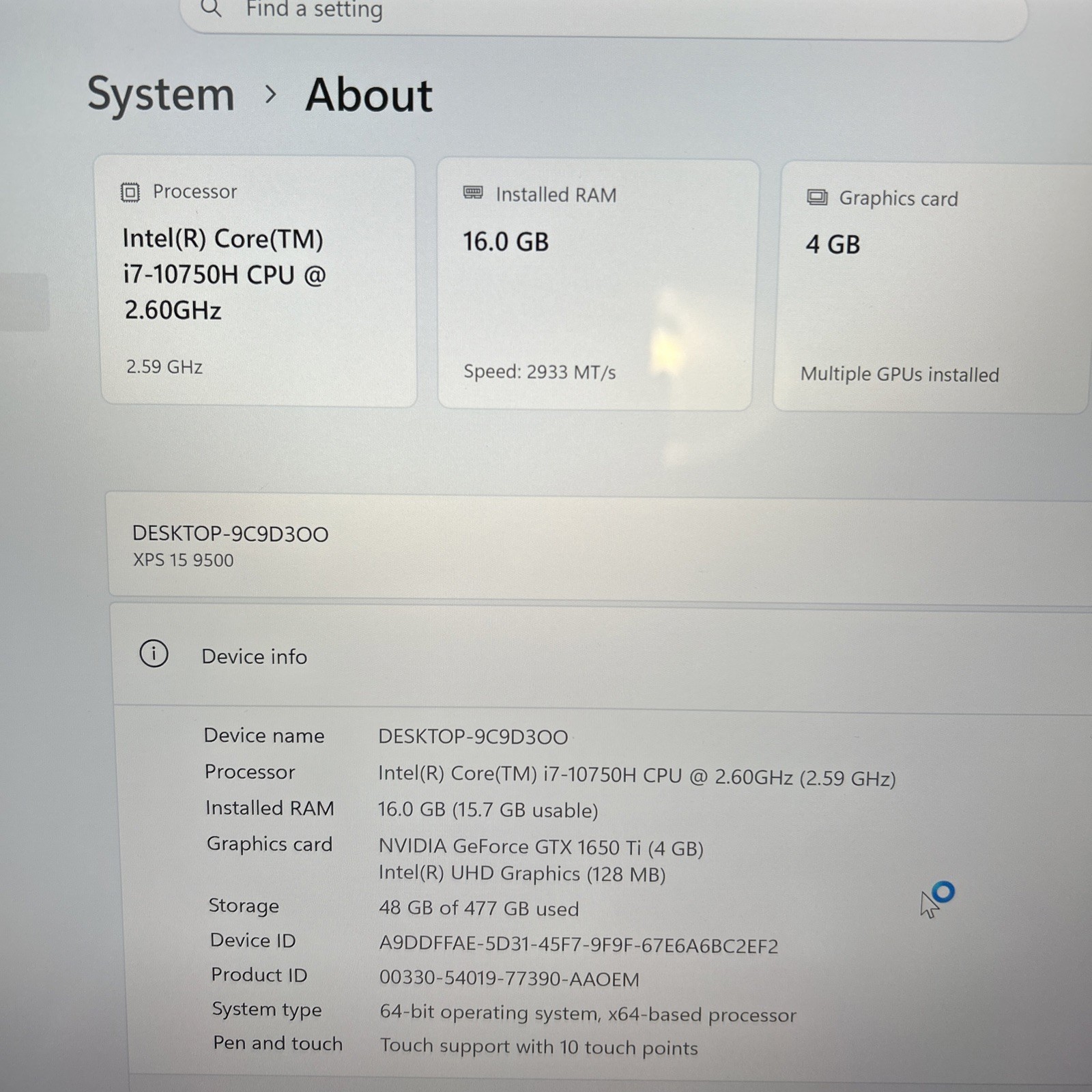 Dell XPS 15.6″ – i7-10750H – 16GB RAM – GTX 1650 Ti – Silver XPS9500 – Touch