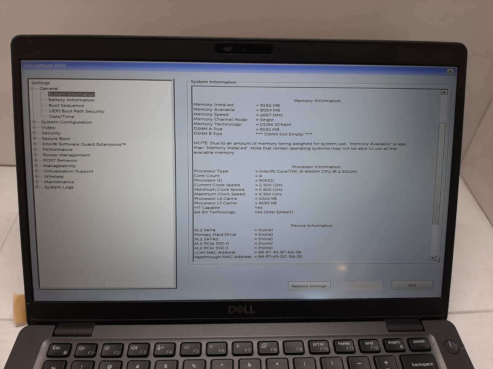 Dell Latitude 5401 14″ Laptop i5-9400H 8GB RAM NO SSD/OS/HDD. BOOTS! #97