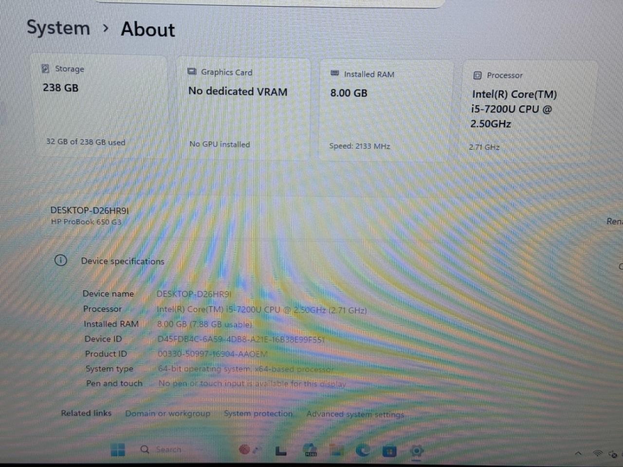 HP ProBook 650 G3 8GB, i5-7200U, 2.50GHz, 256GB SSD Windows 11