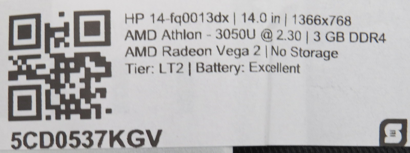 HP Notebook 14 – fq0013dx Athlon 3050U @ 2.3GHz 4GB RAM 14″ No HDD/OS
