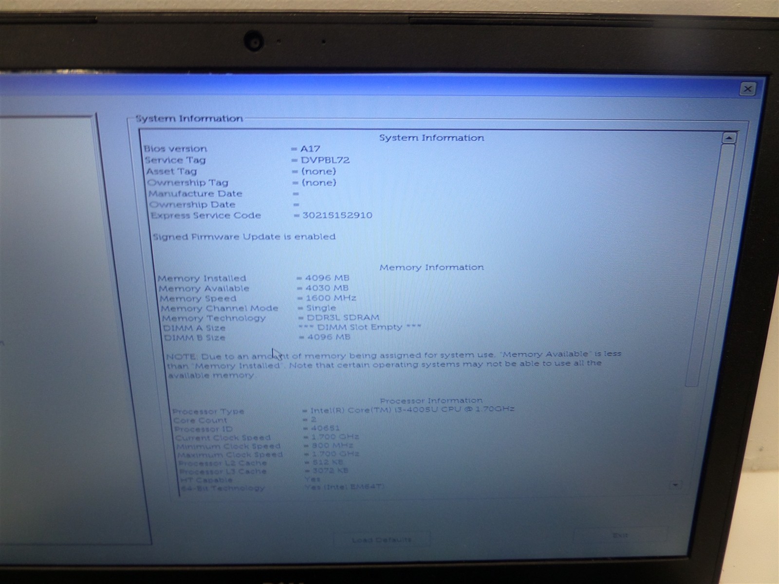 Dell Vostro 3558 15″ Laptop w/ i3-4005U 1.7GHz CPU 4GB RAM – No HDD/OS