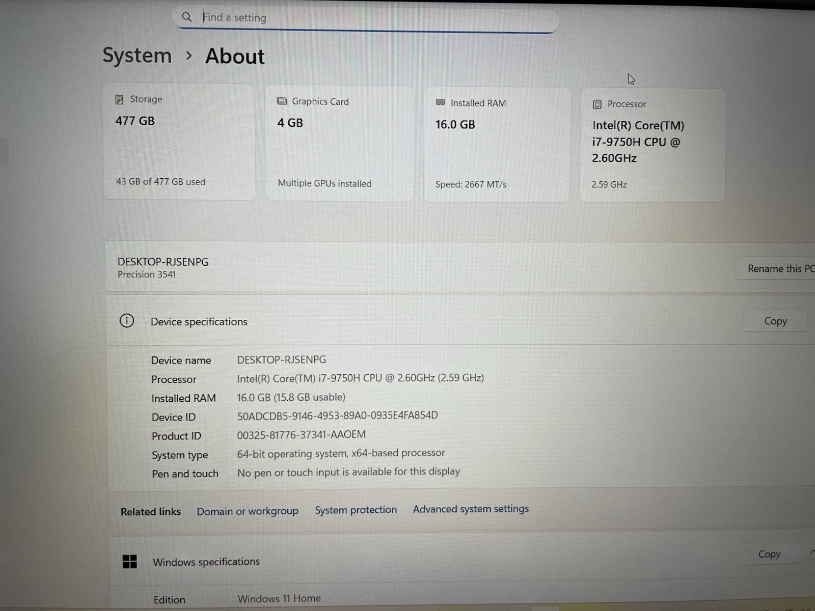 Dell Latitude 3541 512gb Nvme Win 11 Home i7-9750H 6 Core 2.60ghz 16gb RAM HDMI