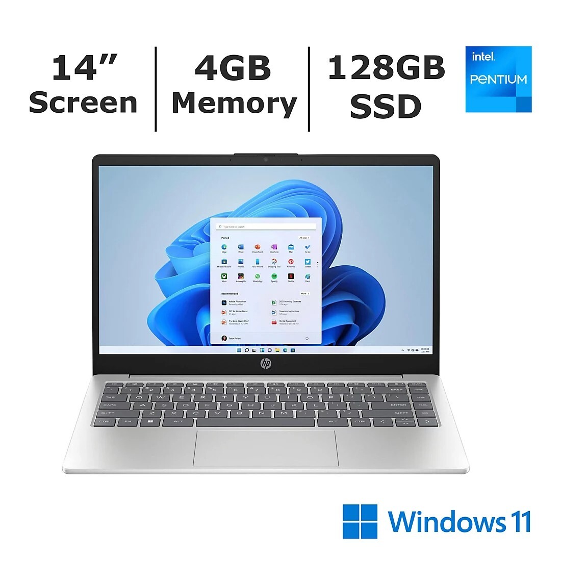 HP Laptop 14″ FHD IPS Laptop Intel Pentium N200 4GB 128GB Silver 7L5V6UA