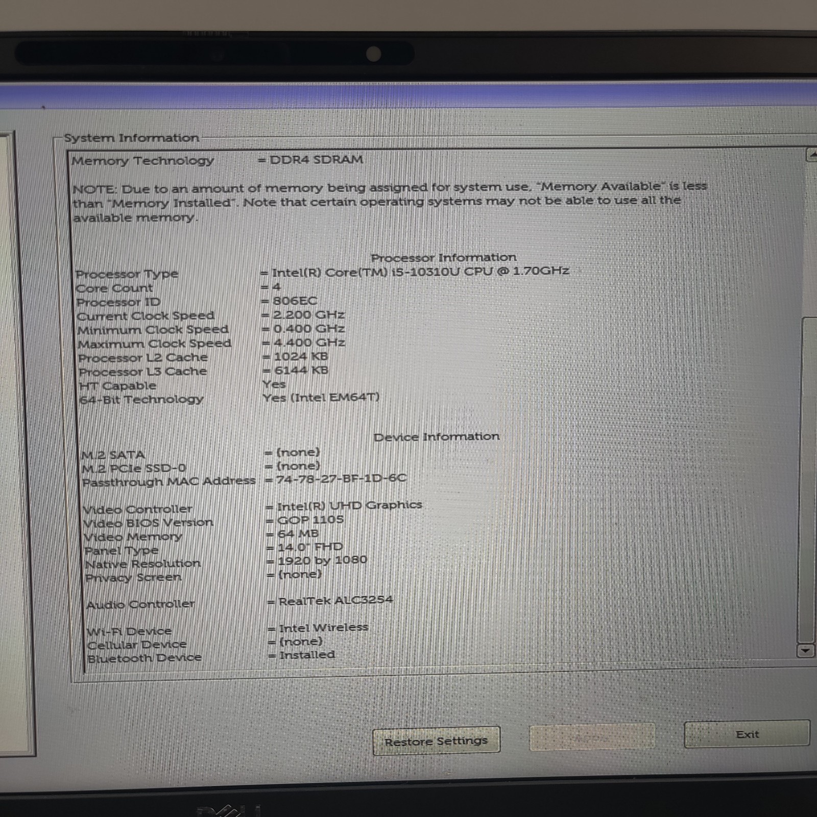 DELL LATITUDE 7410 CORE I5-10310U 16GB RAM NO SSD/OS/POWER ADAPTER/BATTERY