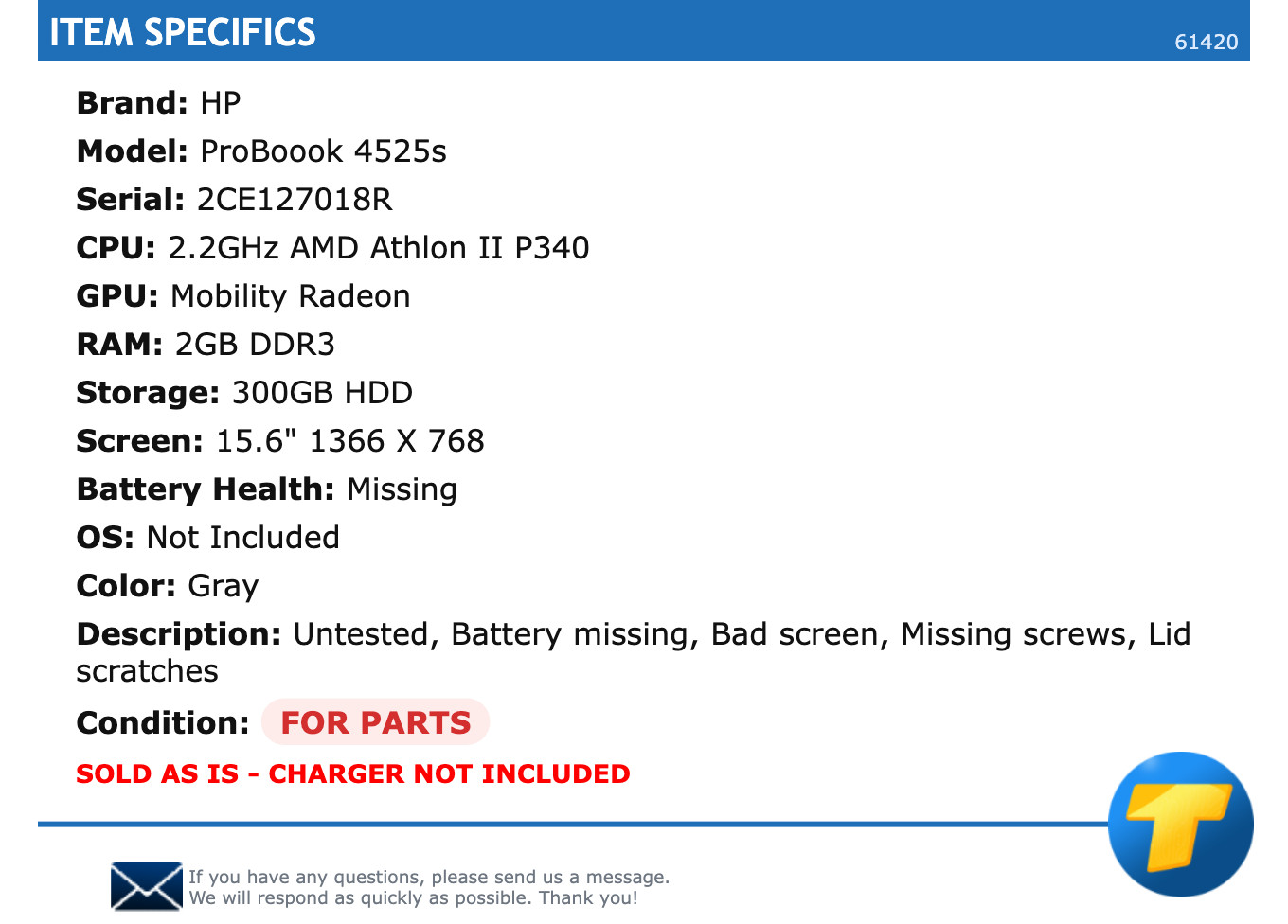 FOR PARTS: HP ProBoook 4525s – 15.6″ HD, 2.2GHz AMD Athlon II P340, 2GB RAM