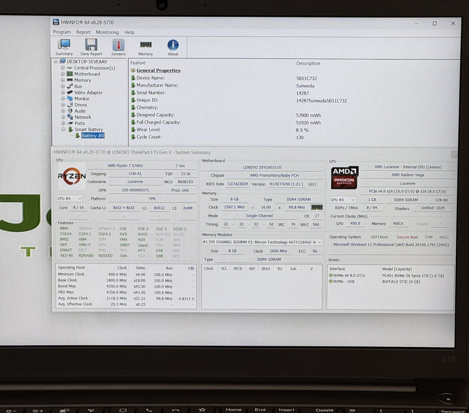 LENOVO ThinkPad E15 Gen 3 AMD Ryzen 7 5700U 8GB 1TB SSD Win11Pro #TP11