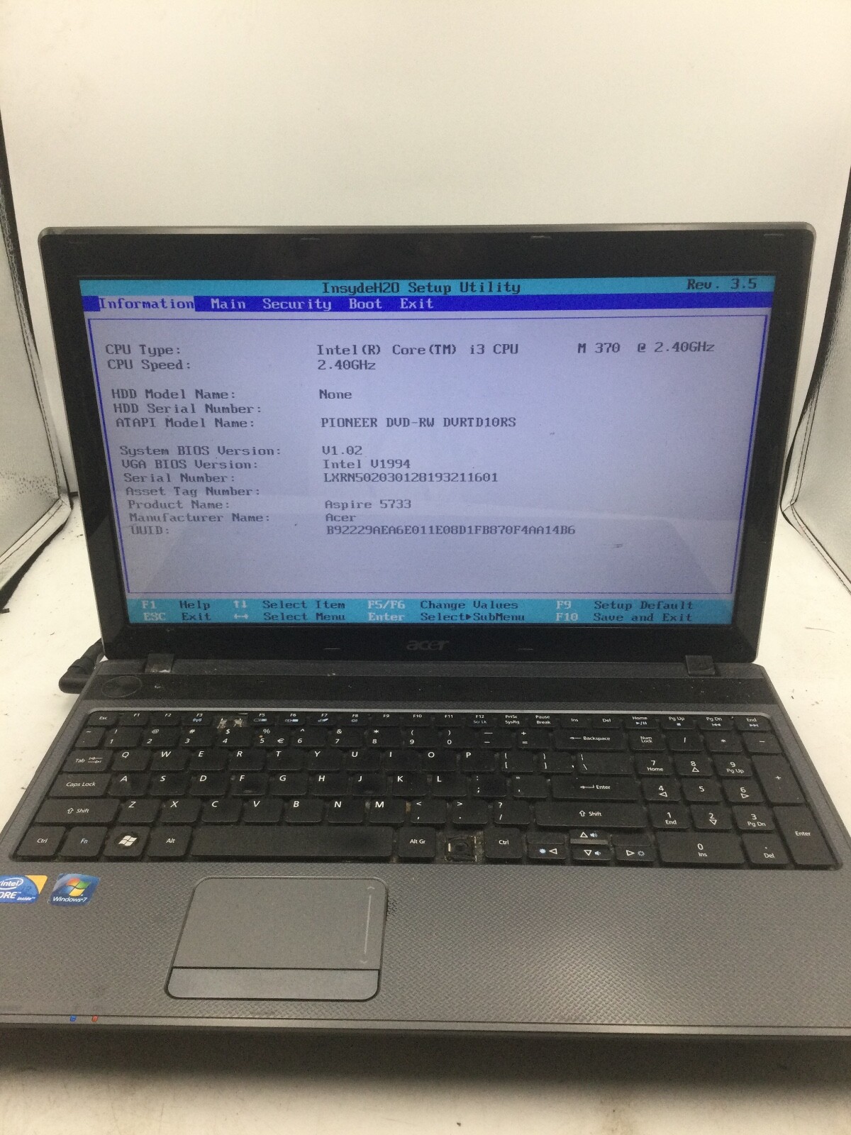 ACER ASPIRE 5733 – BOOTS TO BIOS – INTEL I3 M370 – 4GB RAM – READ DESCRIPTION-BB