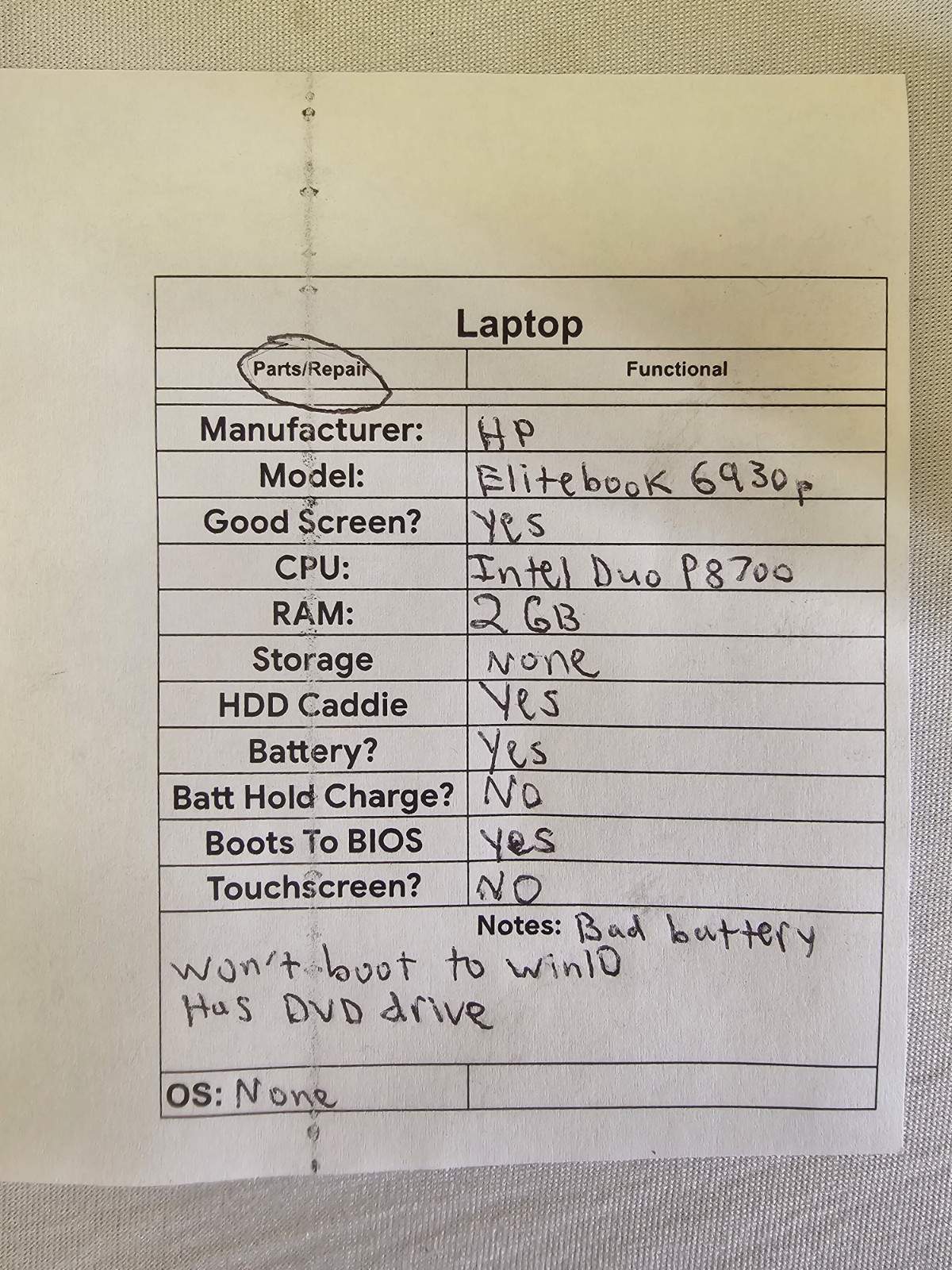 HP EliteBook 6930p Laptop – Intel Duo P8700 – 2GB RAM NO HDD/OS BAD BATT READ