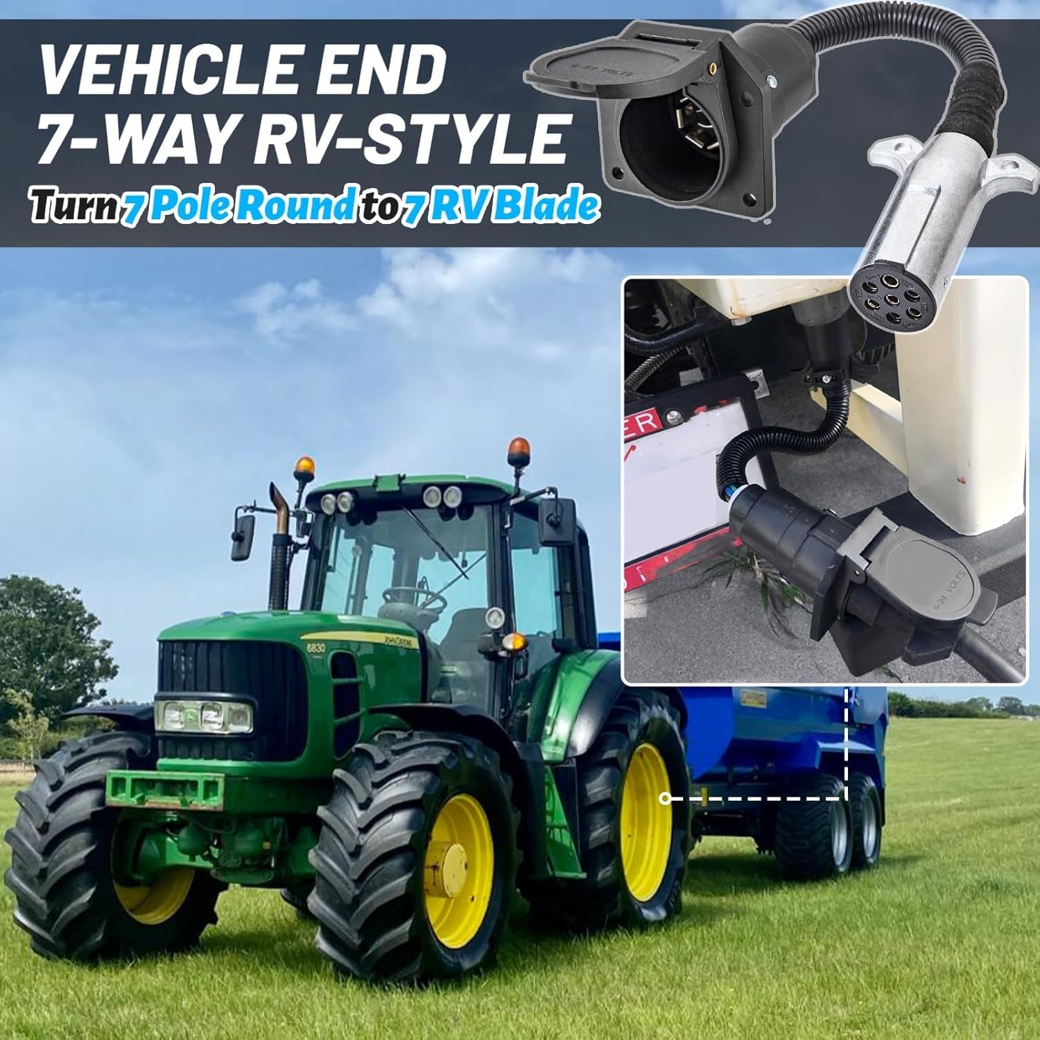 7 Pin round to 7 Pin Flat Adapter for Tractor Towing, 7 Pole round to 7 Way RV B