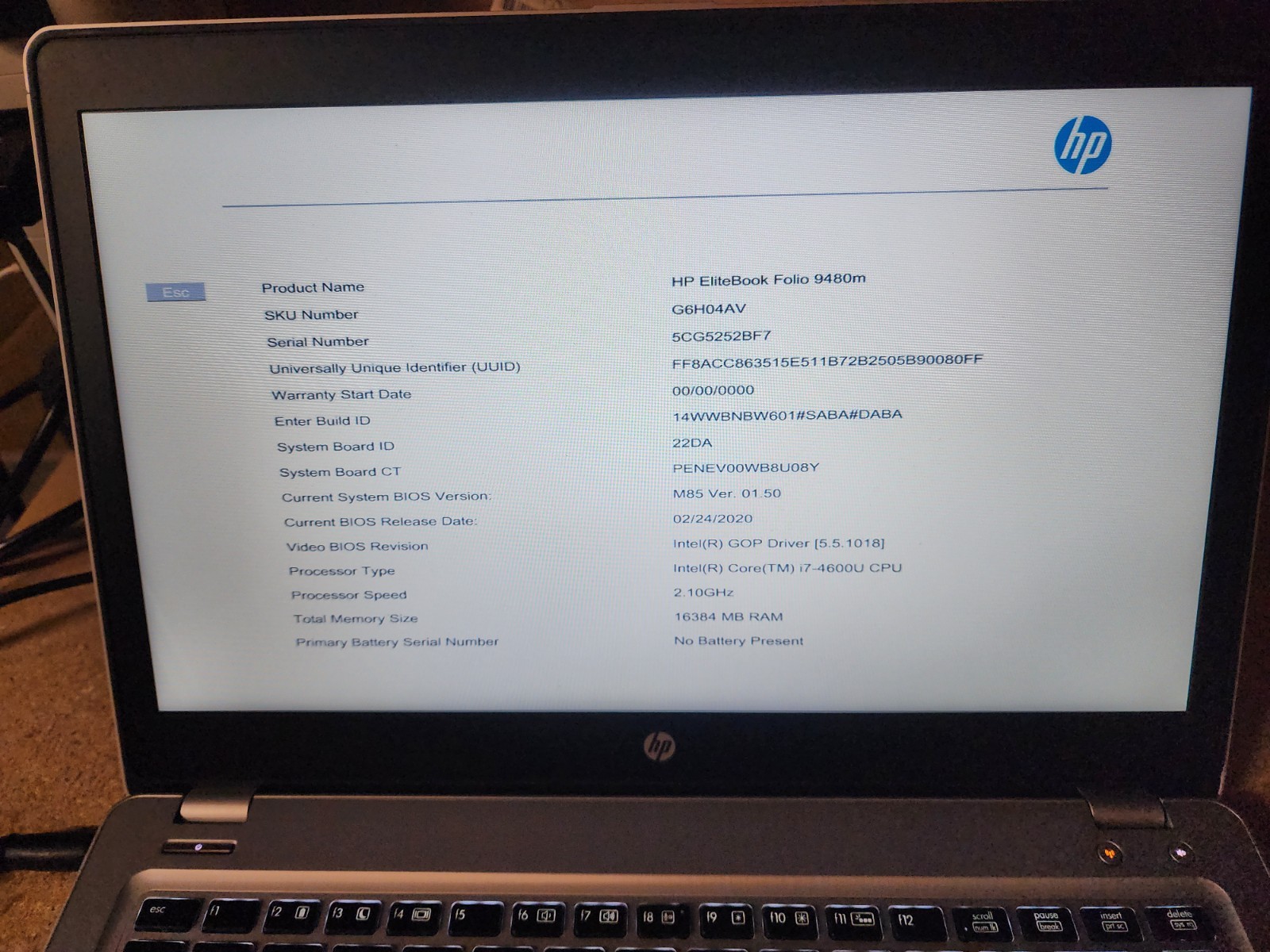 HP EliteBook Folio 9480M i7-4600U 2.1GHz 16GB RAM No HDD/OS BIOS Lock See Desc