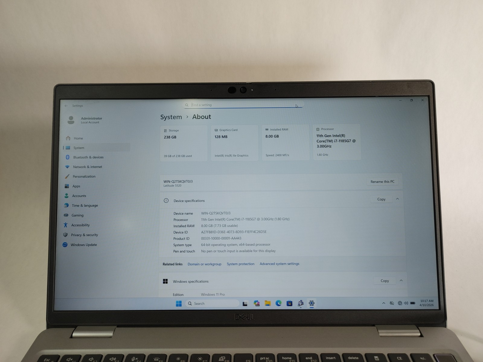 Dell Latitude 5520 Core i7-1185G7 3.00 GHz 8 GB DDR4 256 GB NVMe Windows 11 Pro