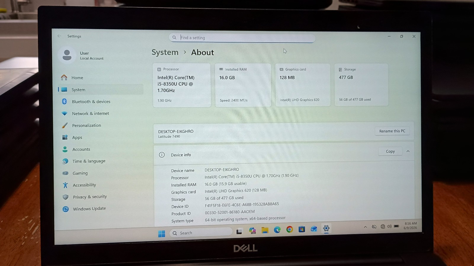 Dell Latitude 7490. i5-8350u, 16GB ram, 512GB M.2 SSD, Wifi / Bluetooth, win11