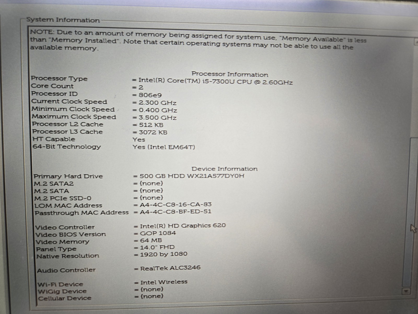 DELL LATITUDE 5480 INTEL CORE I5-7300U 2.60GHZ 8GB RAM 500GB HDD Win10
