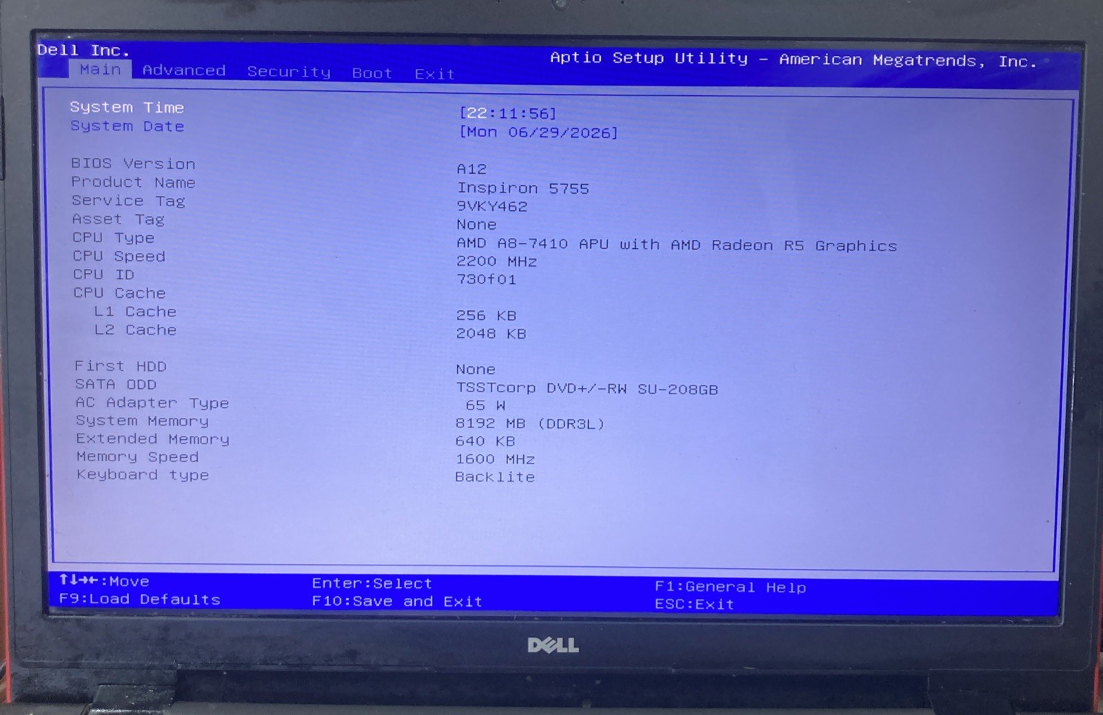 Dell Inspiron 5755 AMD A8-7410 APU 2200MHz 8GB Boot to BIOS No HDD